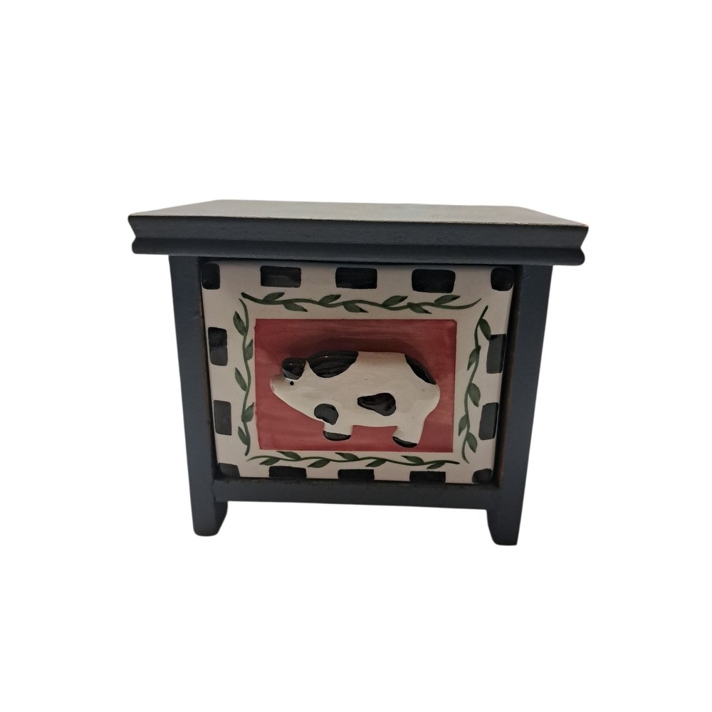 Wooden Spice Or Condiment Box w/Ceramic Cow Drawer Organizer Storage Cottagecore